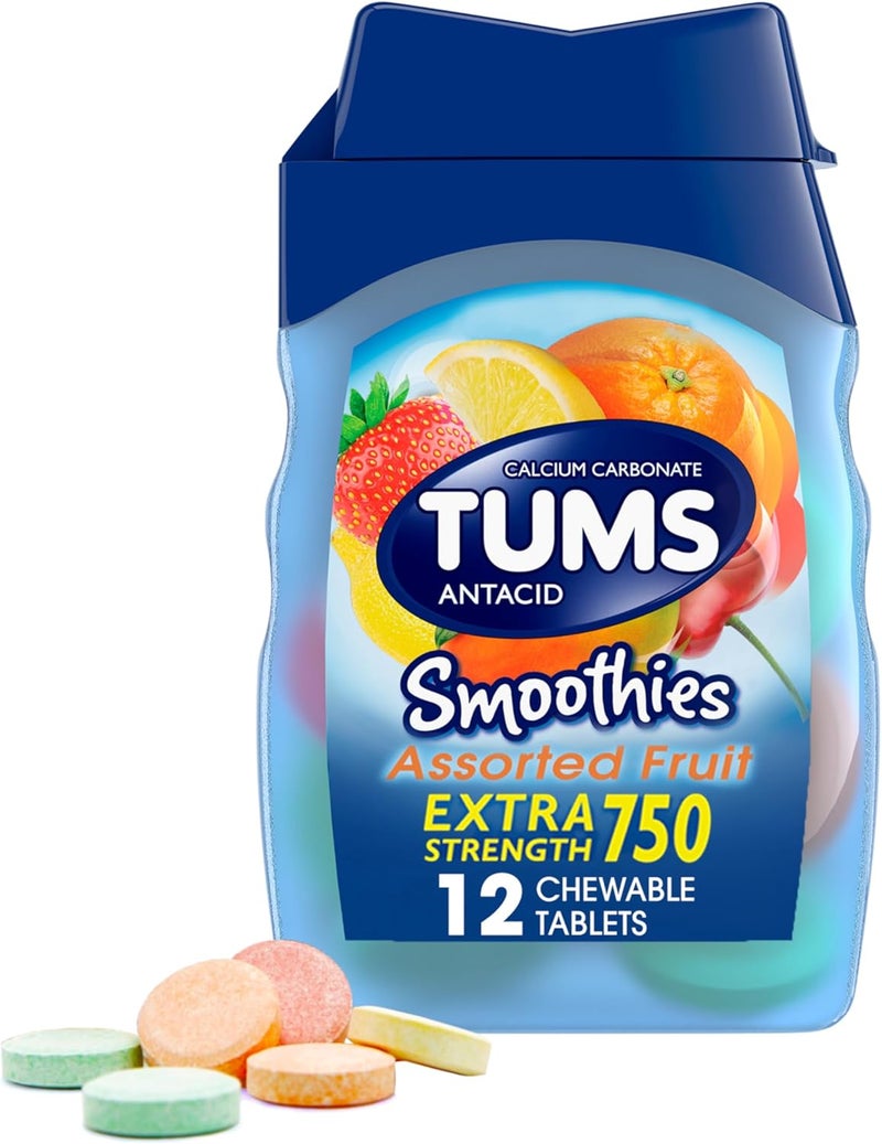TUMS أقراص مضغ مضادة للحموضة بقوة إضافية من سموذي، لتخفيف حرقة المعدة، بنكهات فواكه متنوعة - 12 حبة - Image 1